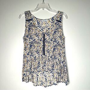 Patrons Of Peace Ditsy Floral Embroidered High Low Sleeveless Blue Gold Blouse